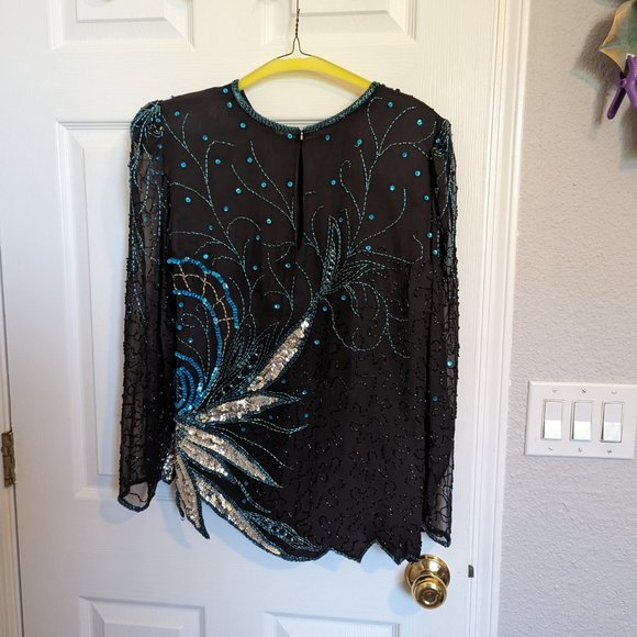 DAZZLING SILK | BEADED & SEQUIN | Vintage | Black Tie Top | L | EVC - Picture 7 of 11